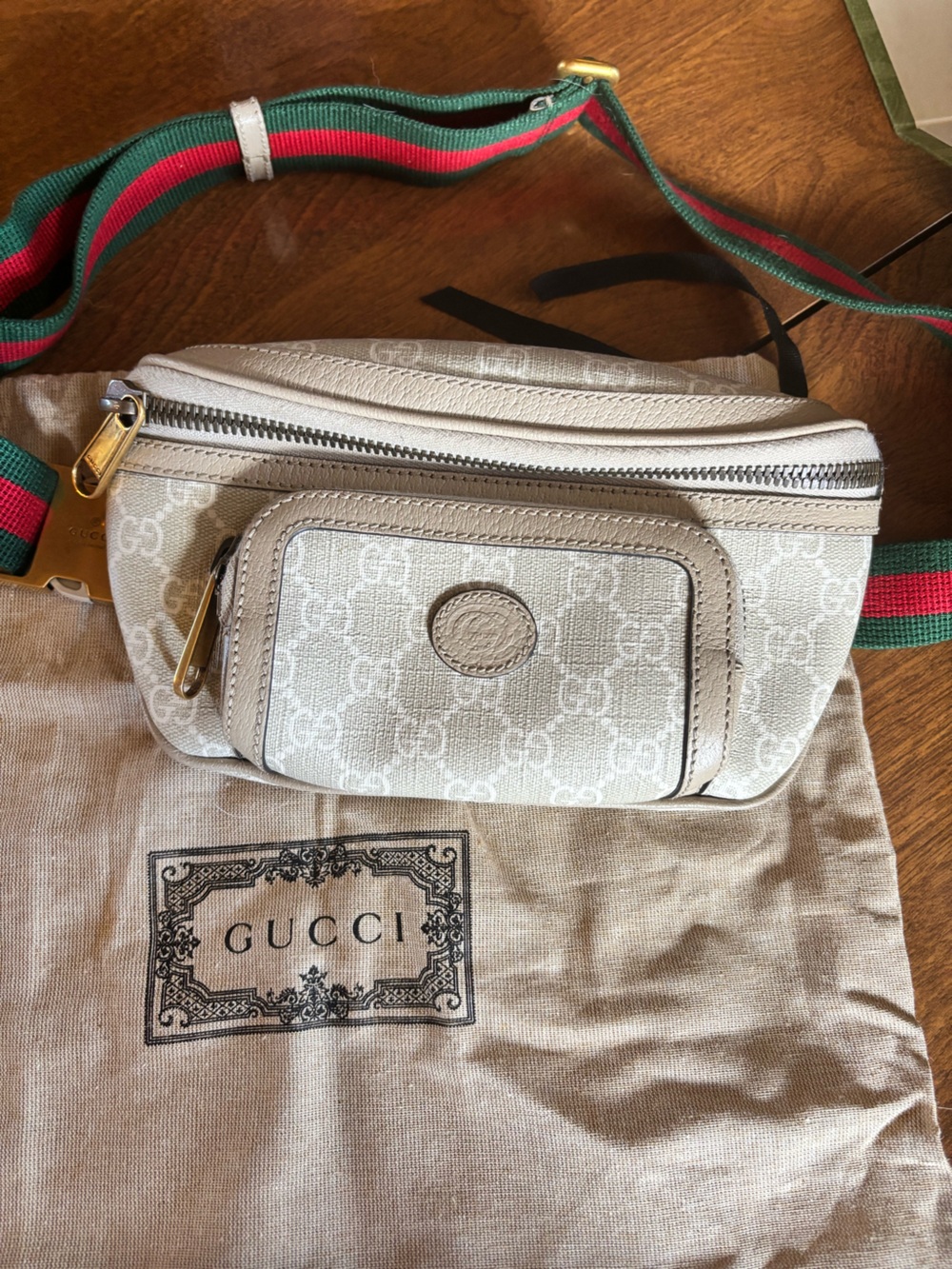 Gucci Beige Monogram Crossbody Belt Bag with Green-Red Web Strap